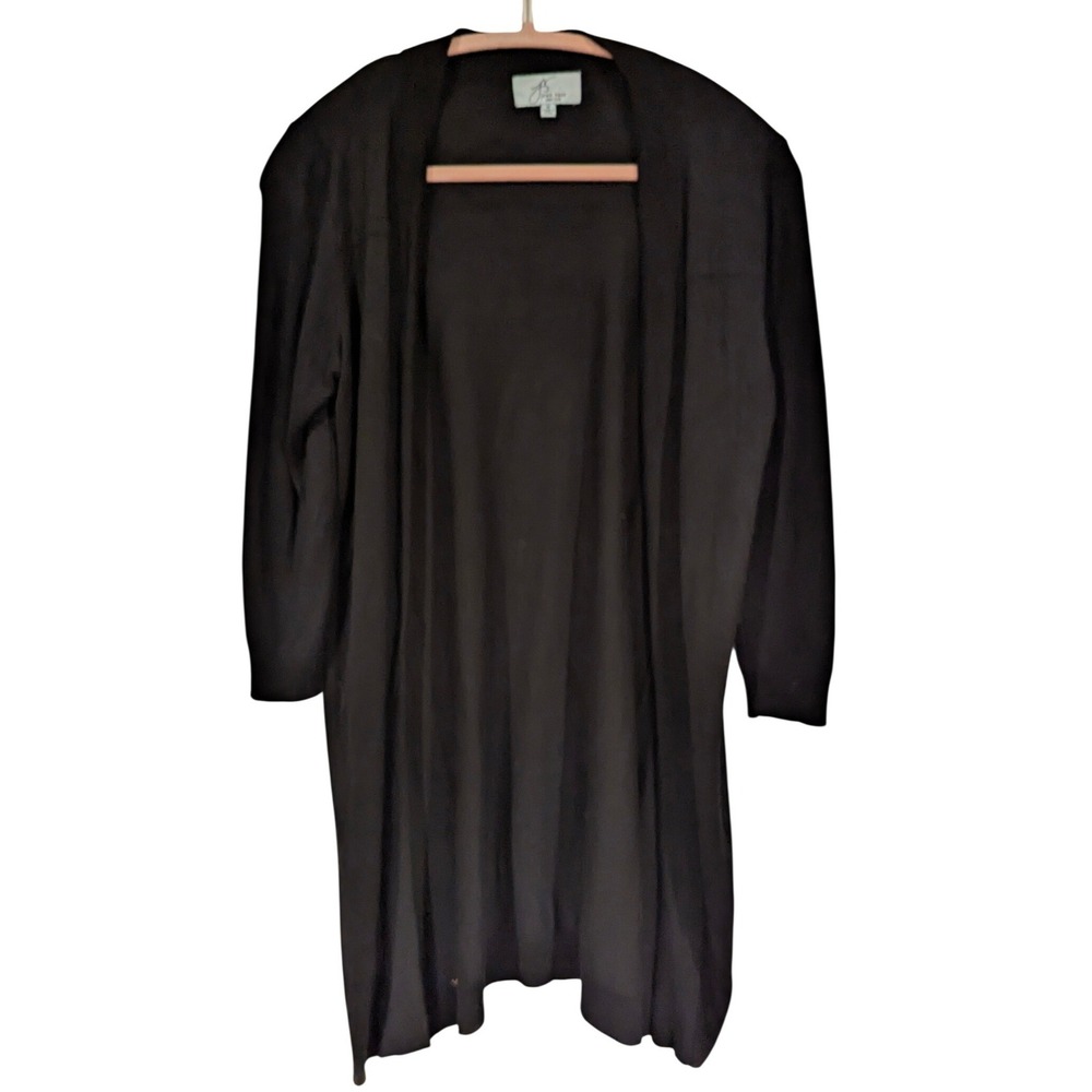 Joan Vass Duster Cardigan M Black Open Front Long Viscose Knit Lightweight Chic
